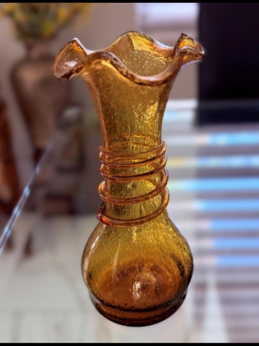 Vintage Hand-Blown Amber Crackle Glass Vase | MCM| Ruffled Rim | 7 1/2 "